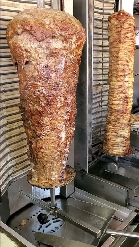 Lamb and chicken gyro meat on the vertical spit